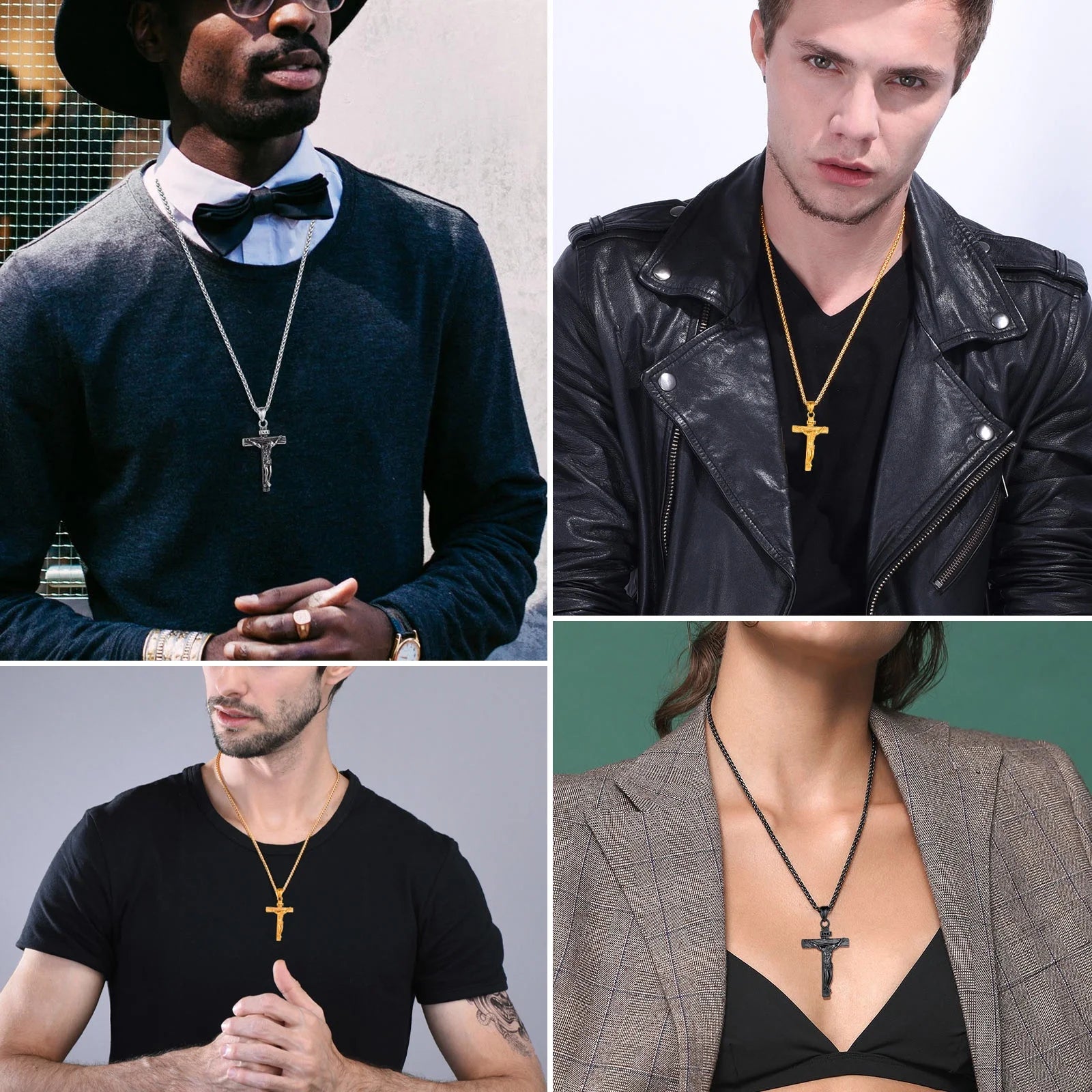 Golden Cross Necklaces for Men Stainless Steel INRI Crucifix Pendant Necklace Jesus Piece Religious Praying Jewelry for Christian Dad Father'S Day Gift