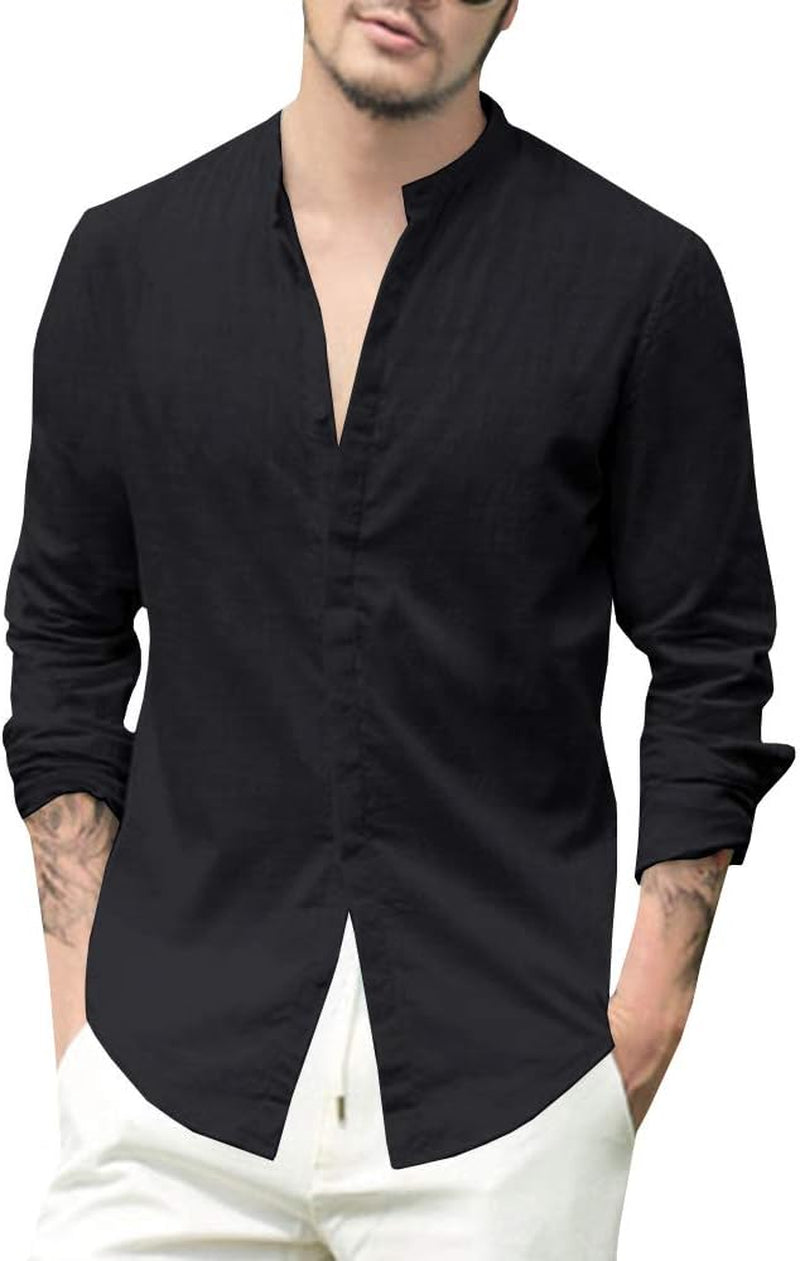 Mens Button up Shirts Linen Beach Long Sleeve Casual Cotton Summer Lightweight Tops